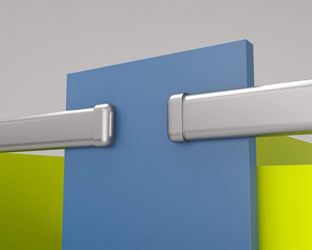 Profiles Kids toilet cubicle with 'Cobalt Blue' pilaster and 'Jumble Blocks' digital printed doors with silver headrail