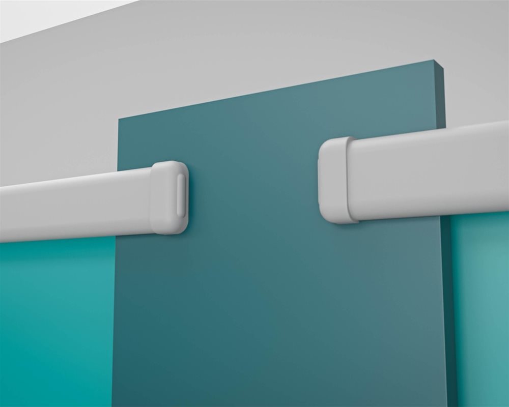 Tough Stuff toilet cubicle with 'Ocean Green' pilaster and 'Turquoise' door with silver headrail