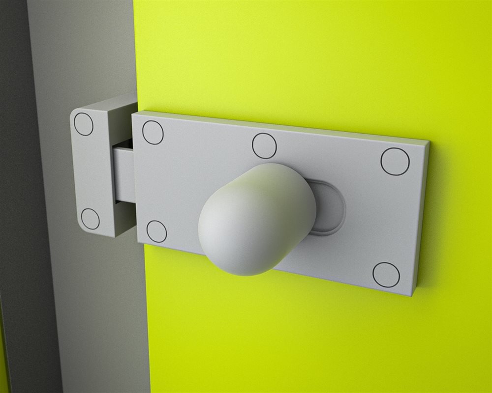 Quadro toilet cubicle with 'Mid Grey' pilasters and 'Lime Green' doors with light grey sliding lock body
