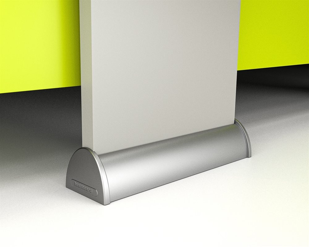 Baseline toilet cubicle with 'Mid Grey' pilaster and 'Lime Green' partition with silver pedestal foot