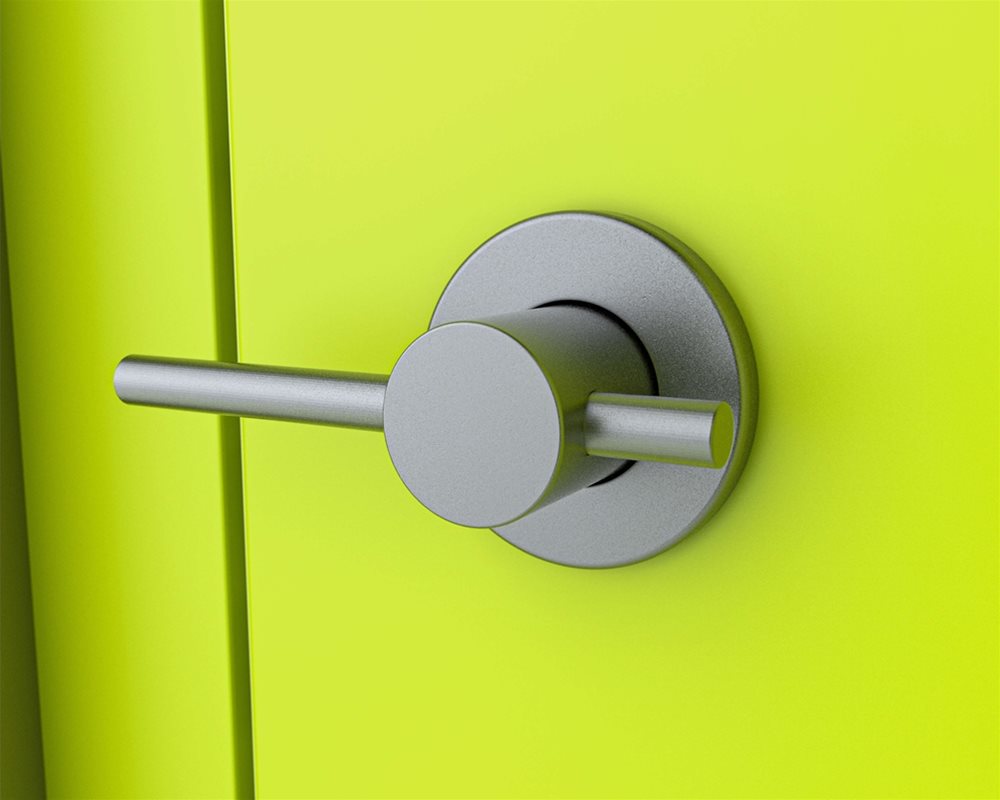 Definition ColourCoat toilet cubicle with 'Lime Green' pilaster and door with stainless steel mortise lock body