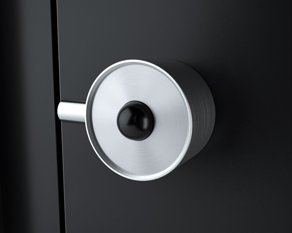 Manhattan toilet cubicle with 'Black Gloss' ColourCoat lacquer pilaster and door with silver stainless steel mortise lock body