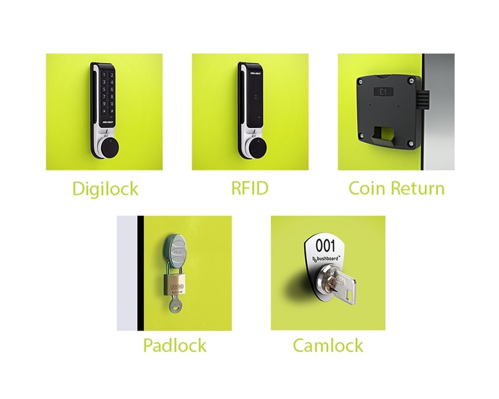 5 Locker lock options on 'Lime Green' doors on a white background