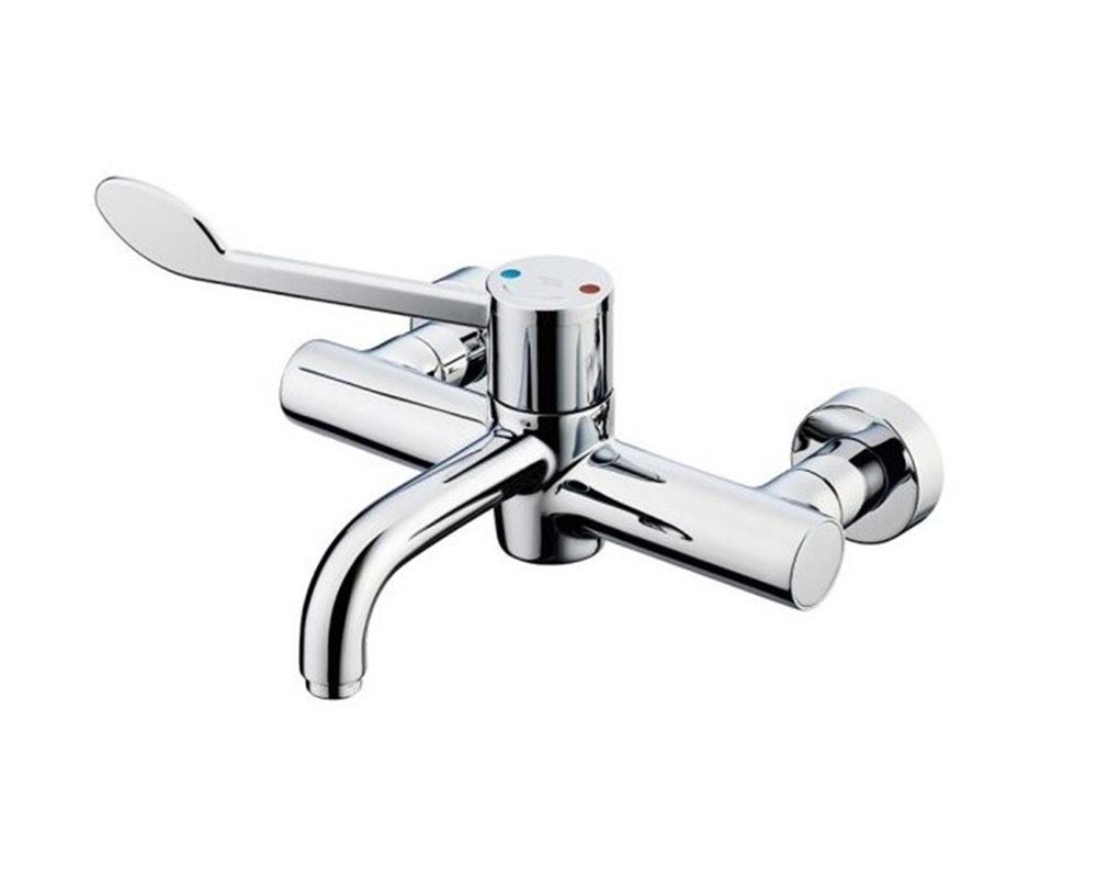 Chrome healthcare wall mounted lever action tap with fixed spout