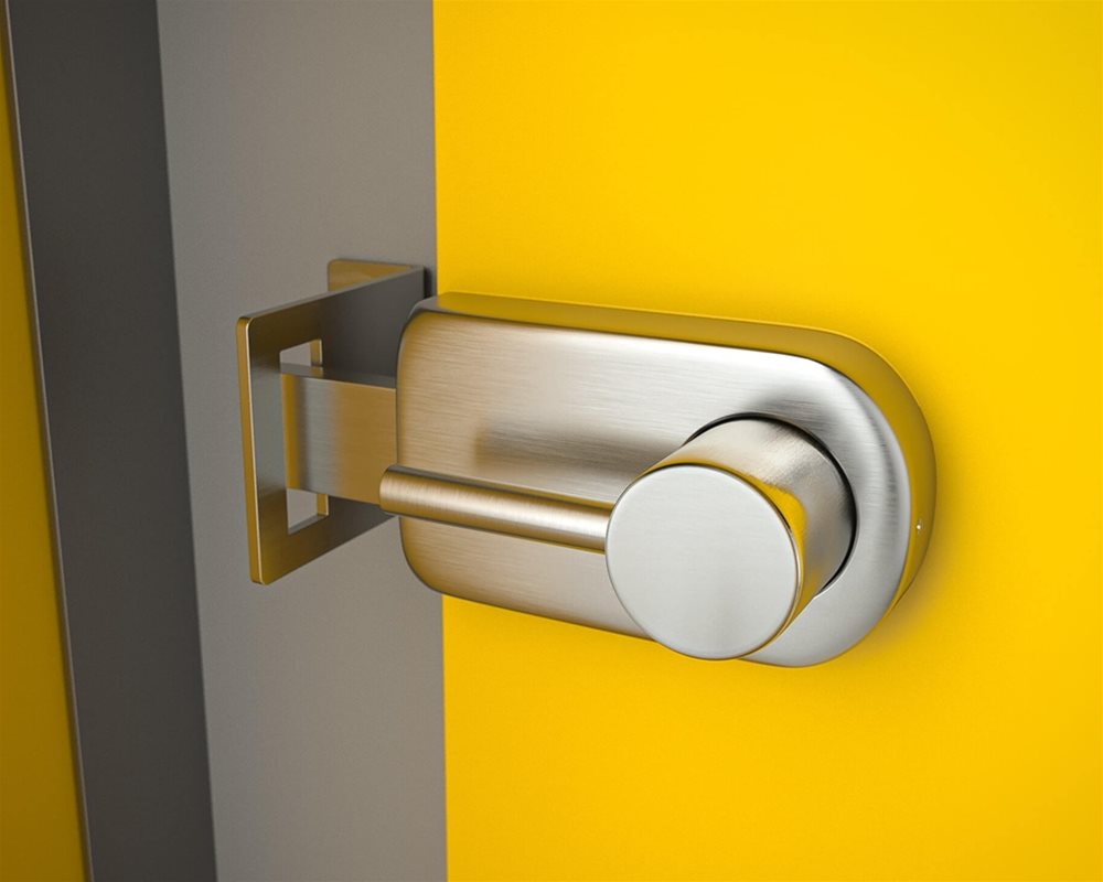HiZone For Schools toilet cubicle with 'Mid Grey' pilaster and 'Sunshine Yellow' door with silver satin anodised lock body