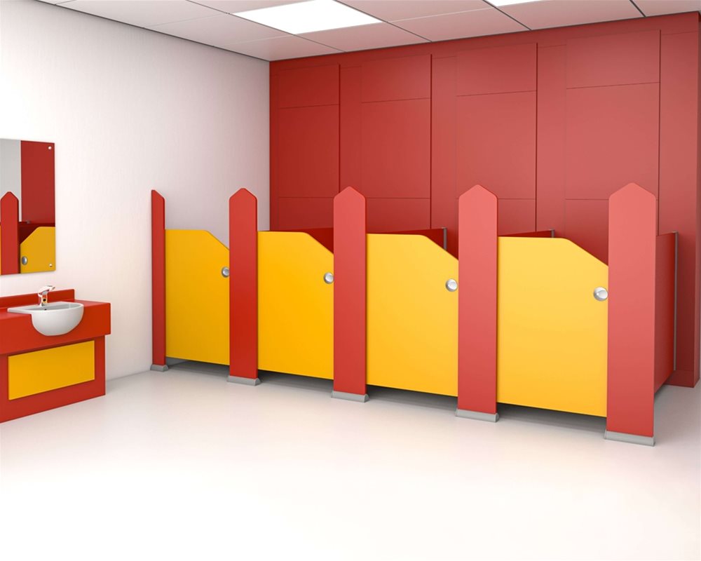 Nursery Childrens Toilet Cubicle with low doors in 'Hand Prints' digital prints and pilasters and partitions in 'Bright Red' 