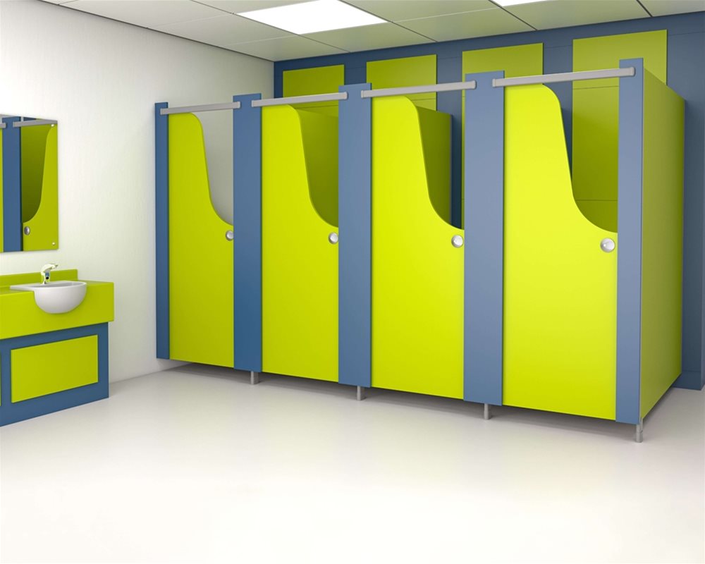 Profiles Kids toilet cubicle with 'Jumble Blocks' alphabet doors with 'Cobalt Blue' pilasters and flash gaps and 'Lime Green' partitions and panels.