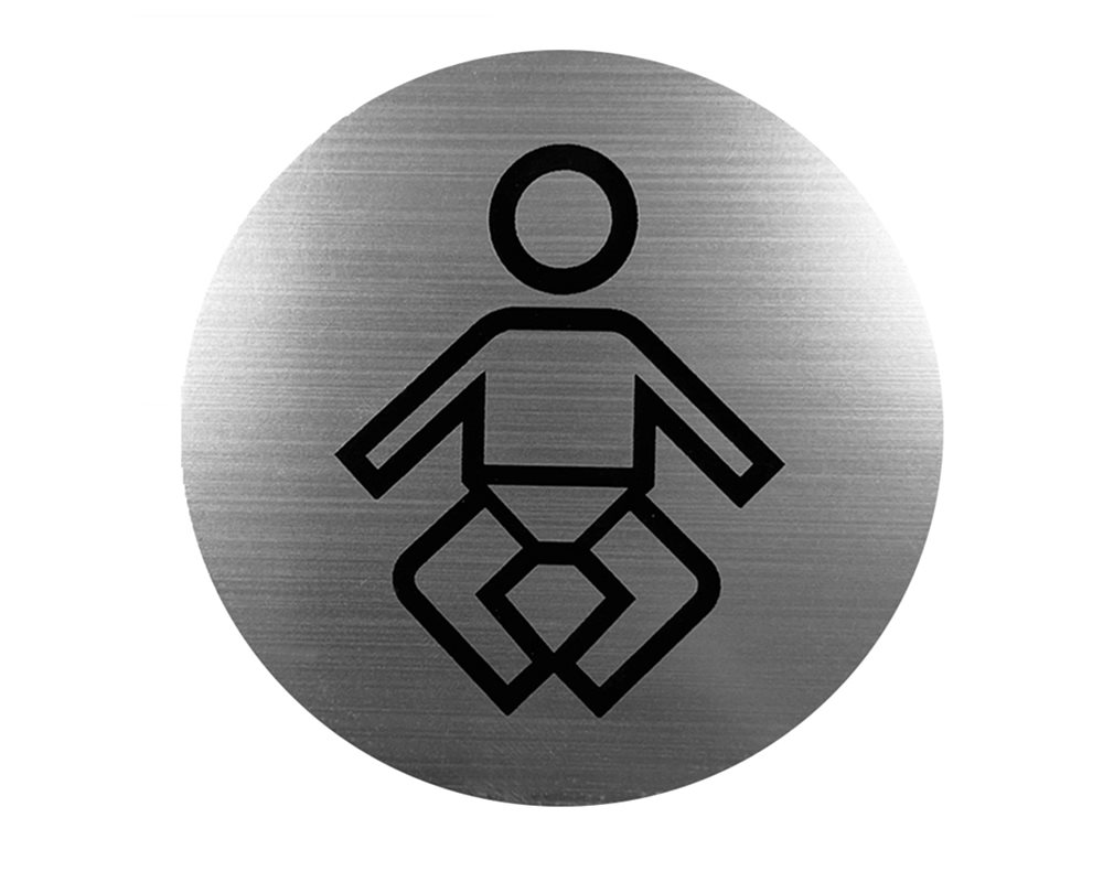 Brushed stainless steel WC door sign with black 'baby change' figure logo