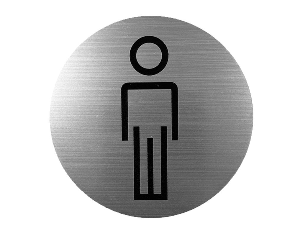 Brushed stainless steel WC door sign with black 'Male' figure logo