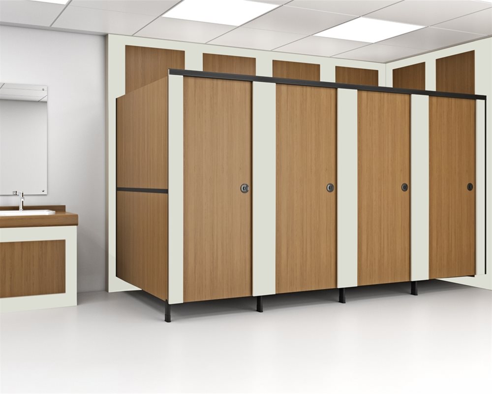 Fast Track Toilet Cubicle with Oak doors, partitions and panels and Sand colour pilasters and flashgaps.