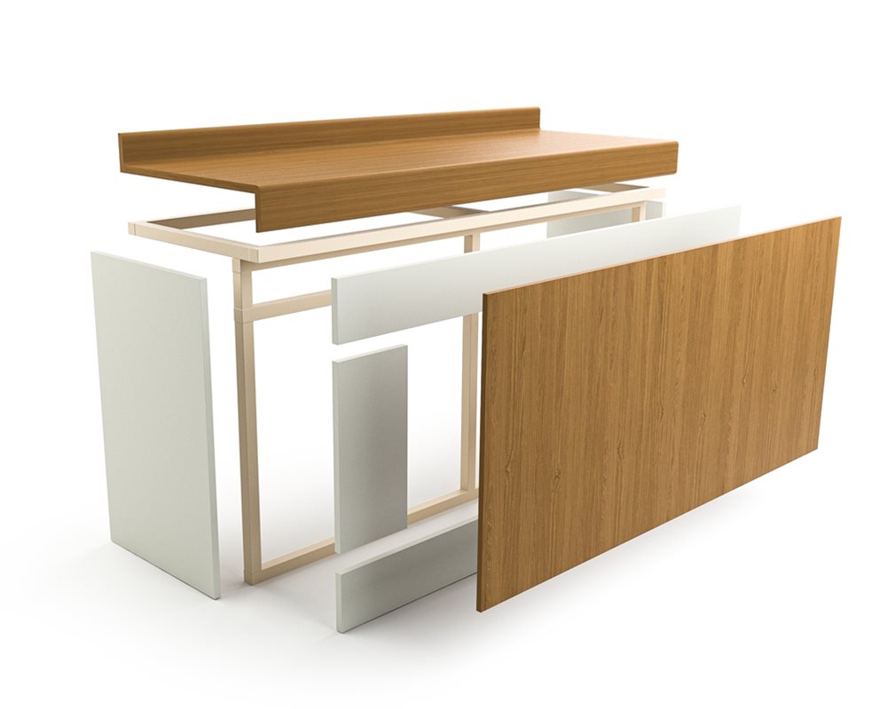 Exploded image of vanity unit showing components. Oak vanity top and panels and Sand flashgap.