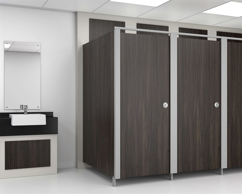 Commercial washroom scene with 'Paraline' toilet cubicles and modern semi-recessed vanity unit.