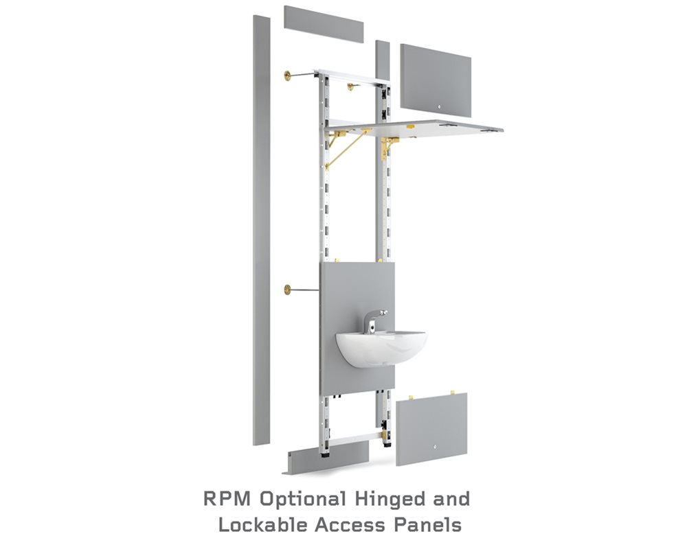 RPM ducting with sanitaryware and brassware pre-plumbed to hinged and lockable access panels annotated on a white background