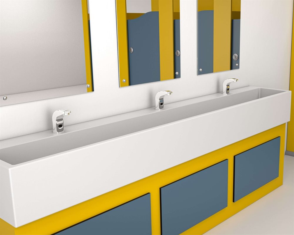 400mm deep white 'elysian' Solid surface washtrough with sensor premixed tap on a yellow underframe with 'Colour Creations' panels