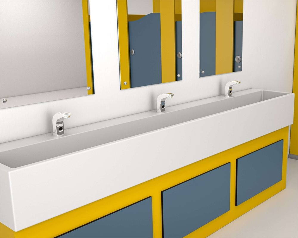Solid Surface Schools Washtrough in Elysian white with 400mm depth on yellow underframe with 'Colour Creations' panels