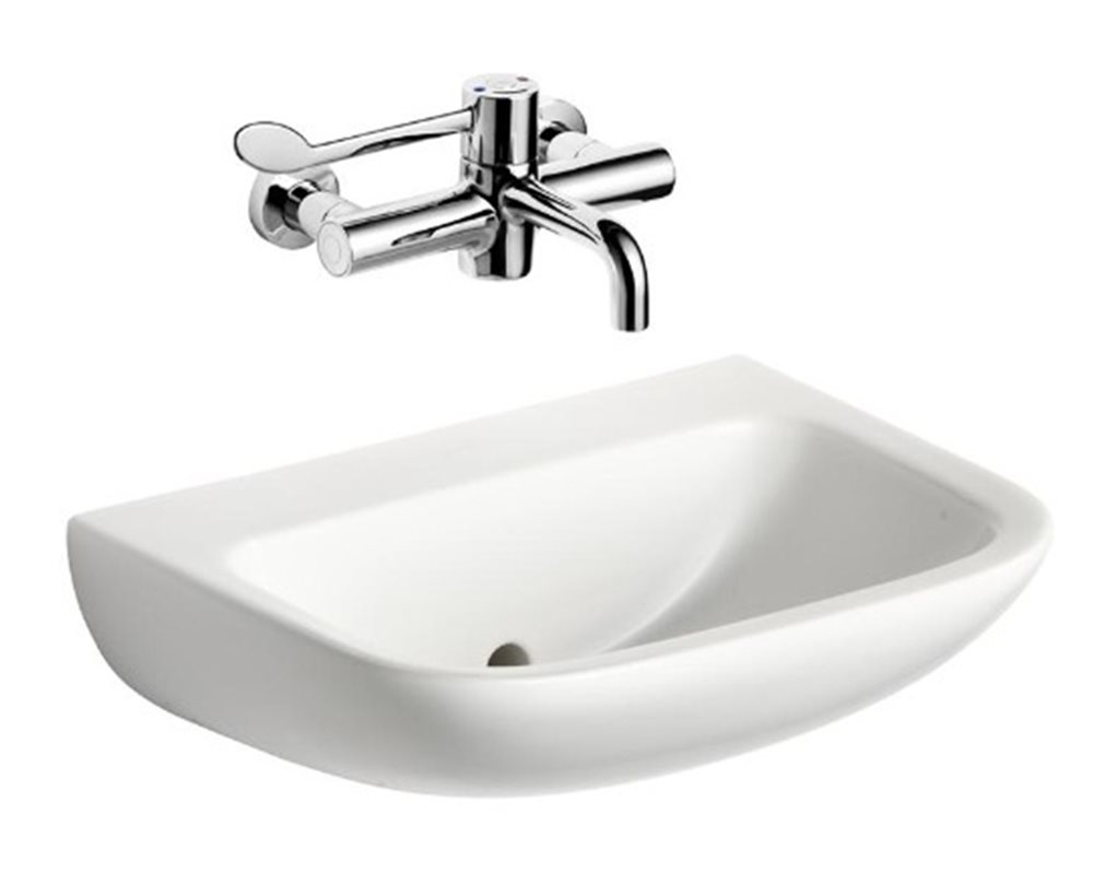 White Vitreous China Armitage Shanks Contour 21 Clinical Basin 500mm width with Back Outlet with Long Lever Chrome Plated Brass Healthcare Tap