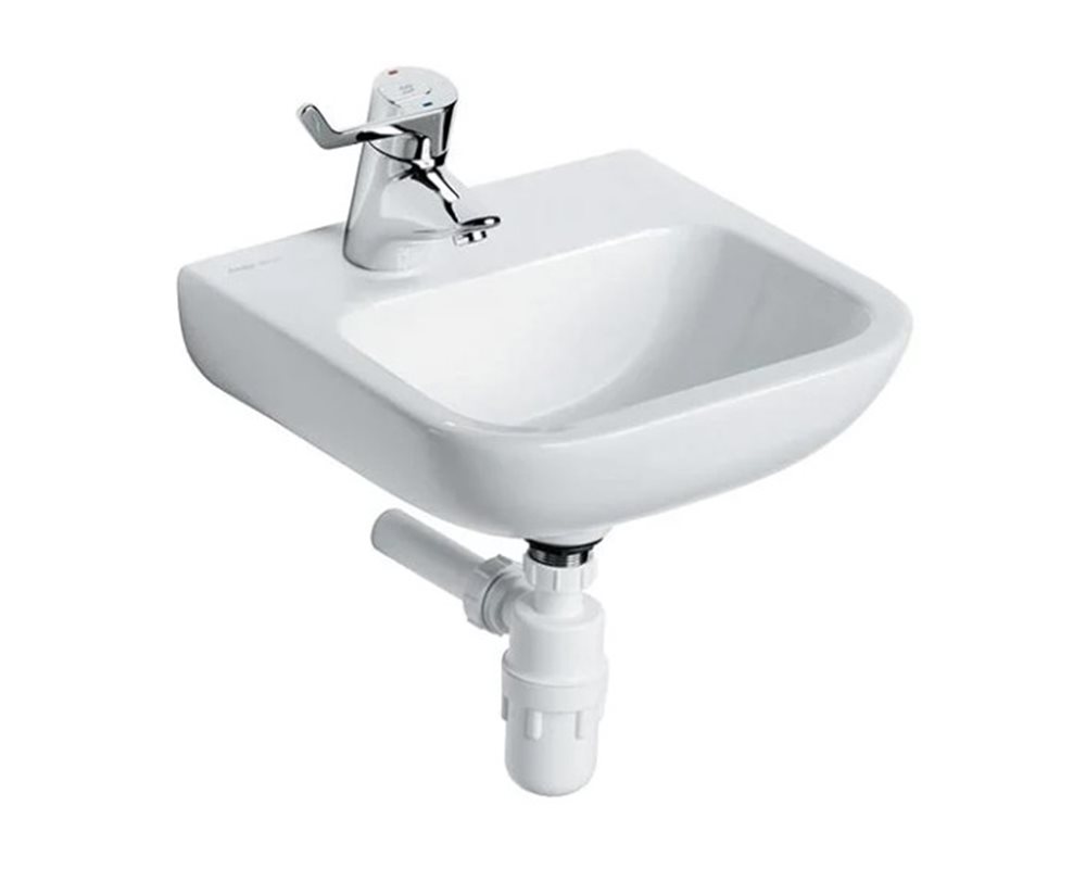Portman 21 400 Wall Hung Basin left hand tap hole with lever mixer tap and plastic bottle trap
