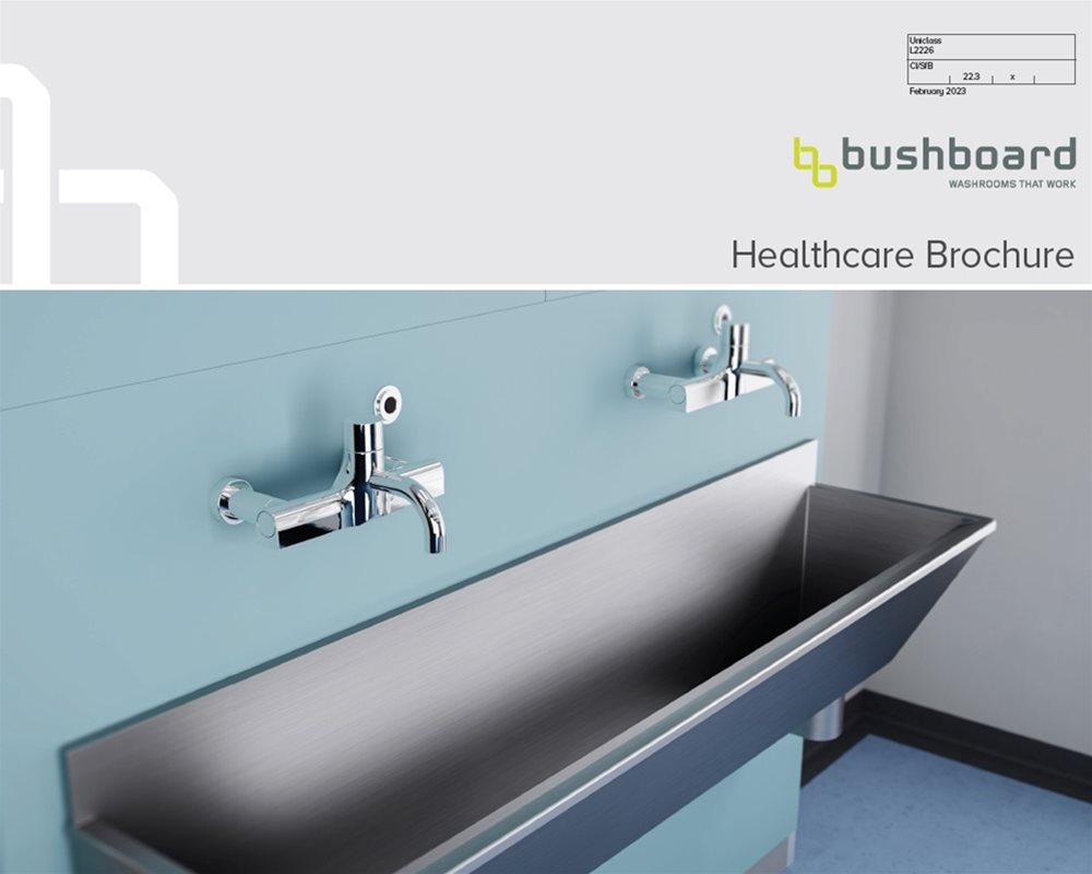 Bushboard Washrooms Healthcare Brochure front cover showing healthcare IPS unit with double scrub up trough and panel mounted sensor taps.