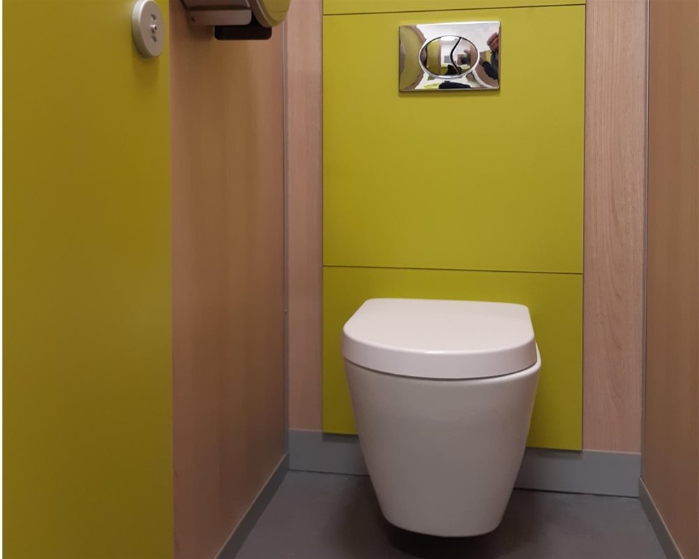 Inside HiZone for Schools full height toilet cubicle with 'Lime Green' WC duct panels with 'Bleached Oak' flashgaps with wall hung WC with dual push plate flush and stainless steel toilet roll holder.