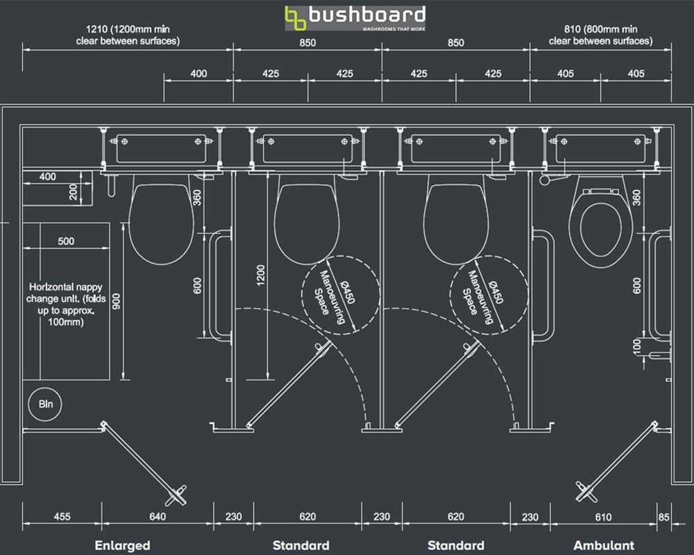 CAD drawing showing the toilet cubicle regulation sizes.