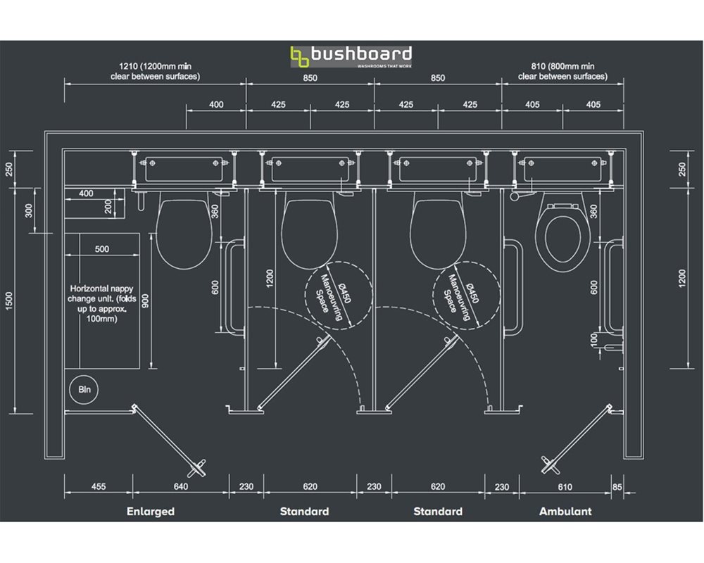 Technical CAD drawing of standard toilet cubicle sizes in washrooms, featuring standard, enlarged and ambulant toilet cubicles, all showing measurements.