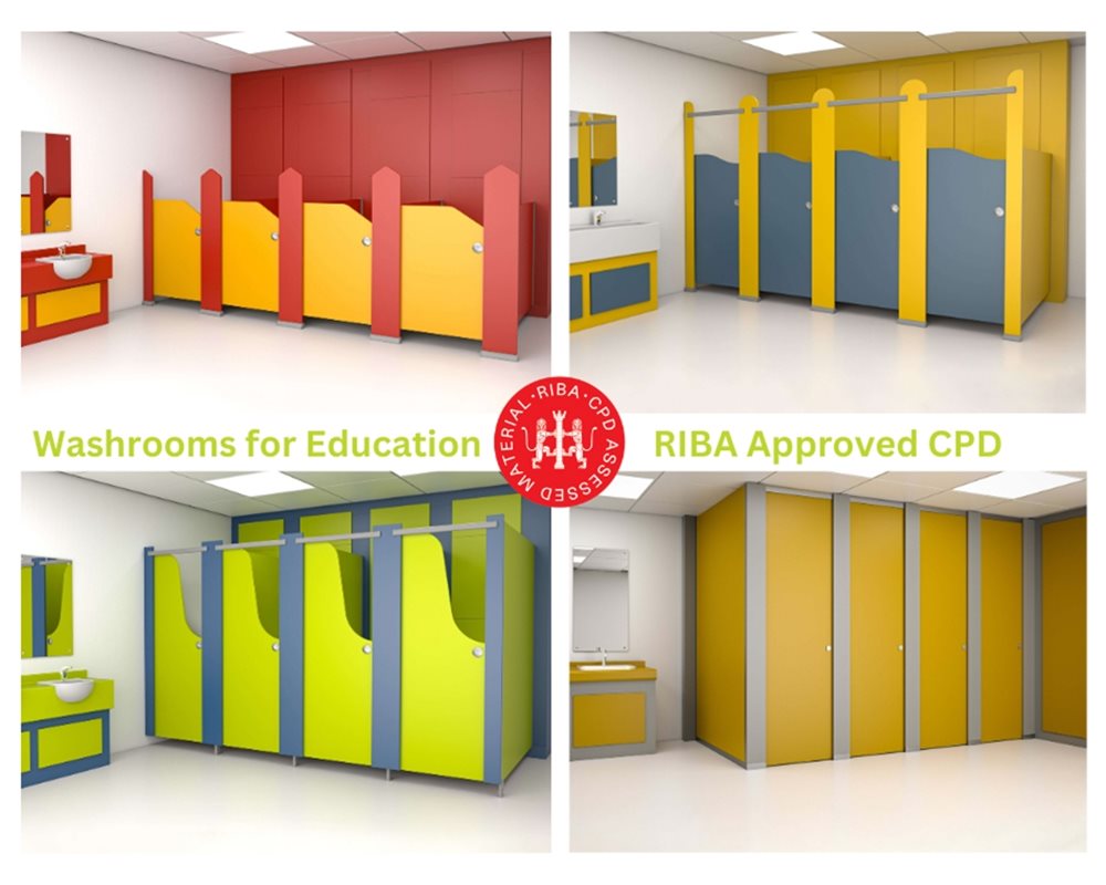 Collage image showing 4 of Bushboard Washrooms school toilet cubicles from nursery through to secondary school.