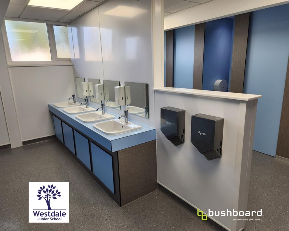 Countertop vanity unit at a lower height to accommodate school children. Countertop vanity is fitted with countertop basin and push action, self closing taps and to the right Dyson hand dryers on the wall set at a lower height for use of school children.