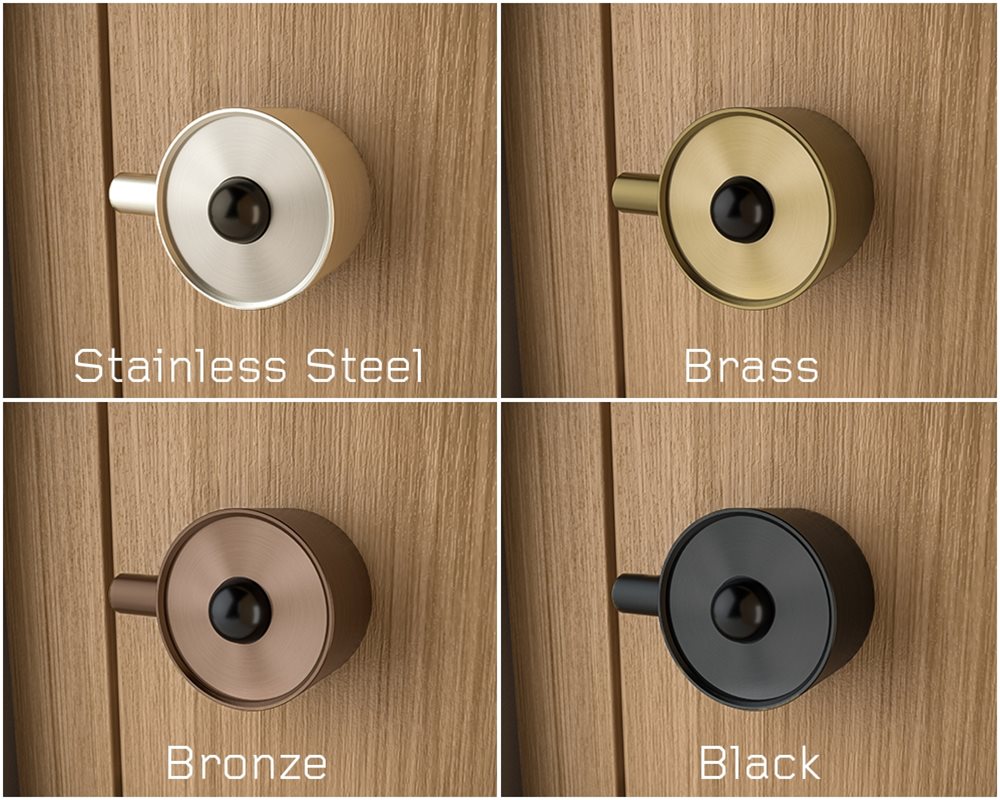 Collage of 4 images of an Oak toilet cubicle door with a Lock Body in 4 different colours, stainless steel, bronze, brass and black