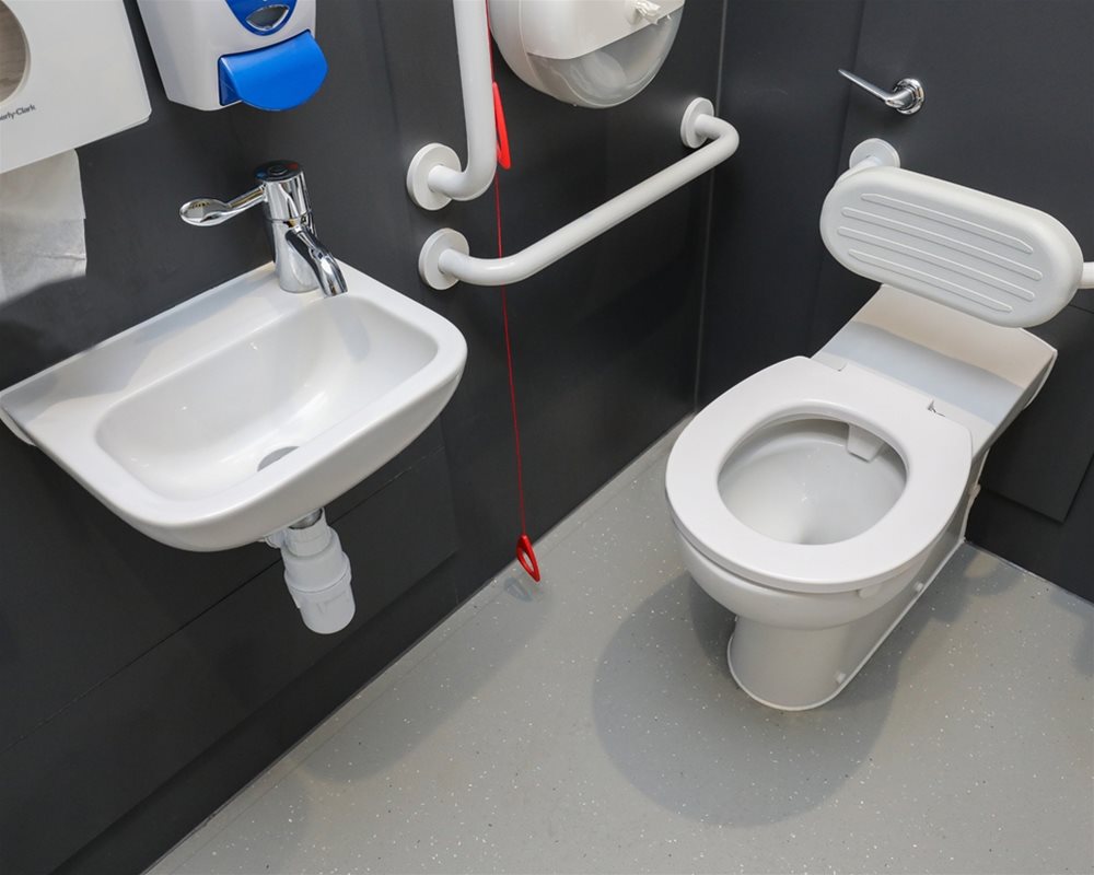 Close up of sanitaryware in Doc M compliant accessible room with wall hung basin, back to wall projection WC and grab rails in white vitreous China