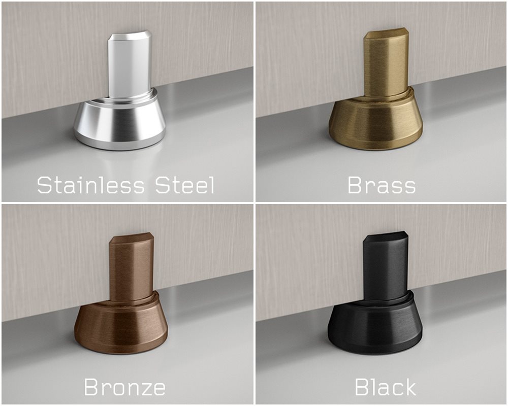 4 images showing toilet cubicle foot in stainless steel, black, bronze and brass