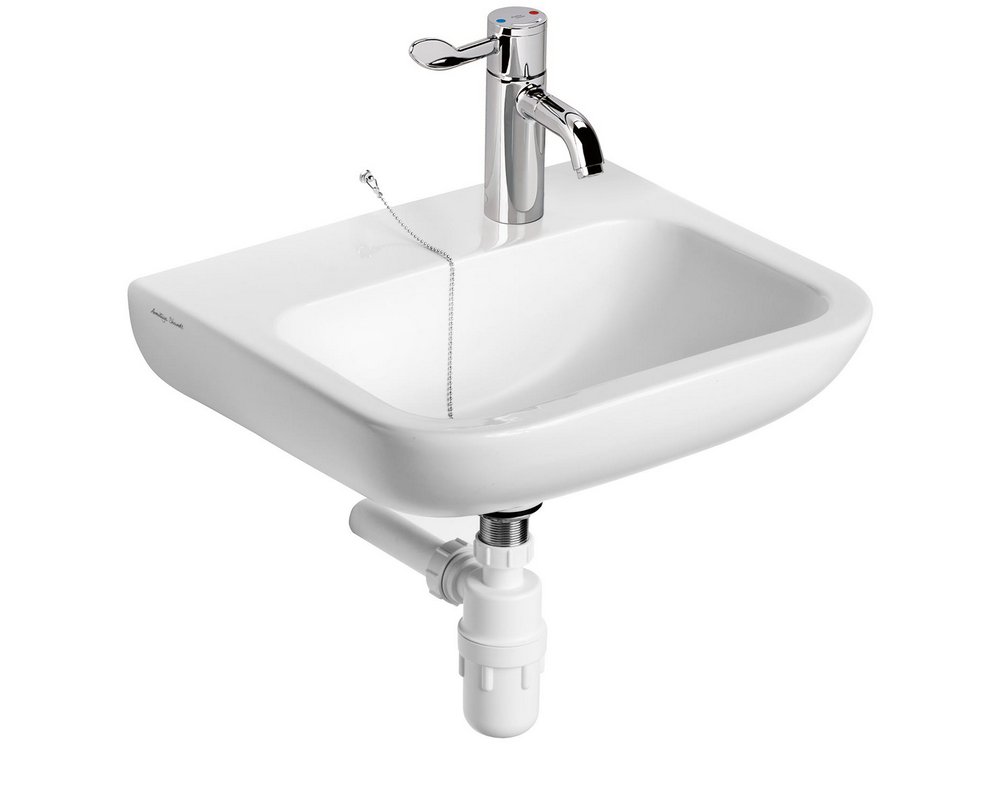 Portman 21 500 Wall Hung Basin right hand tap hole with lever mixer tap and plastic bottle trap and chain stay