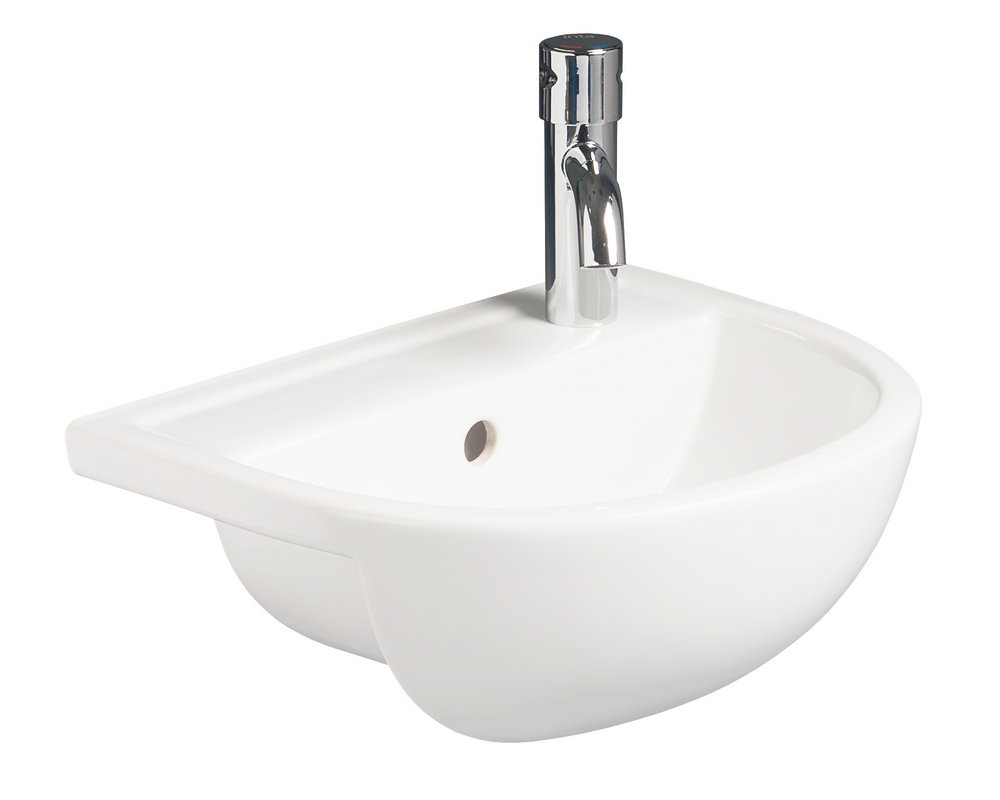 Shenley 400 width slim semi recessed basin with one right hand tap hole with press action tap.