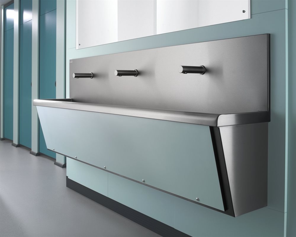 Stainless Steel Washtrough wall mounted with blue panel