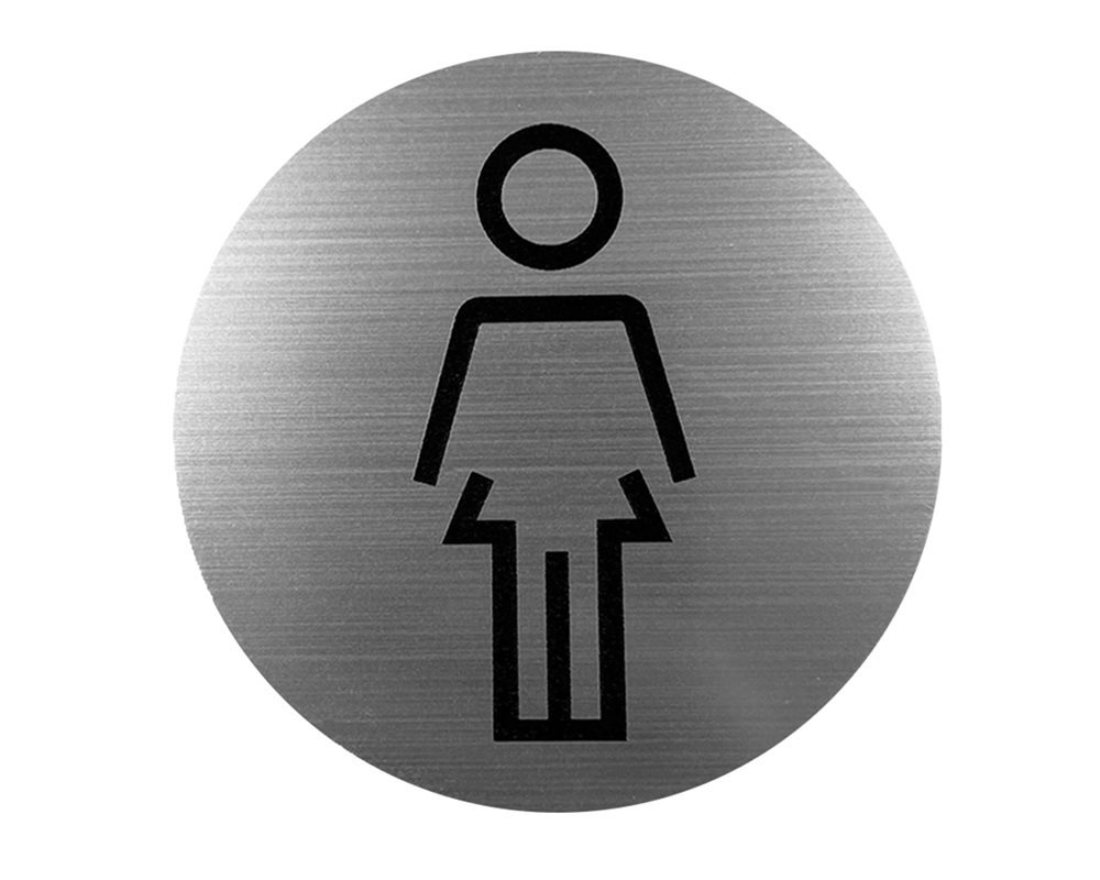 Brushed stainless steel WC door sign with black 'Female' figure logo