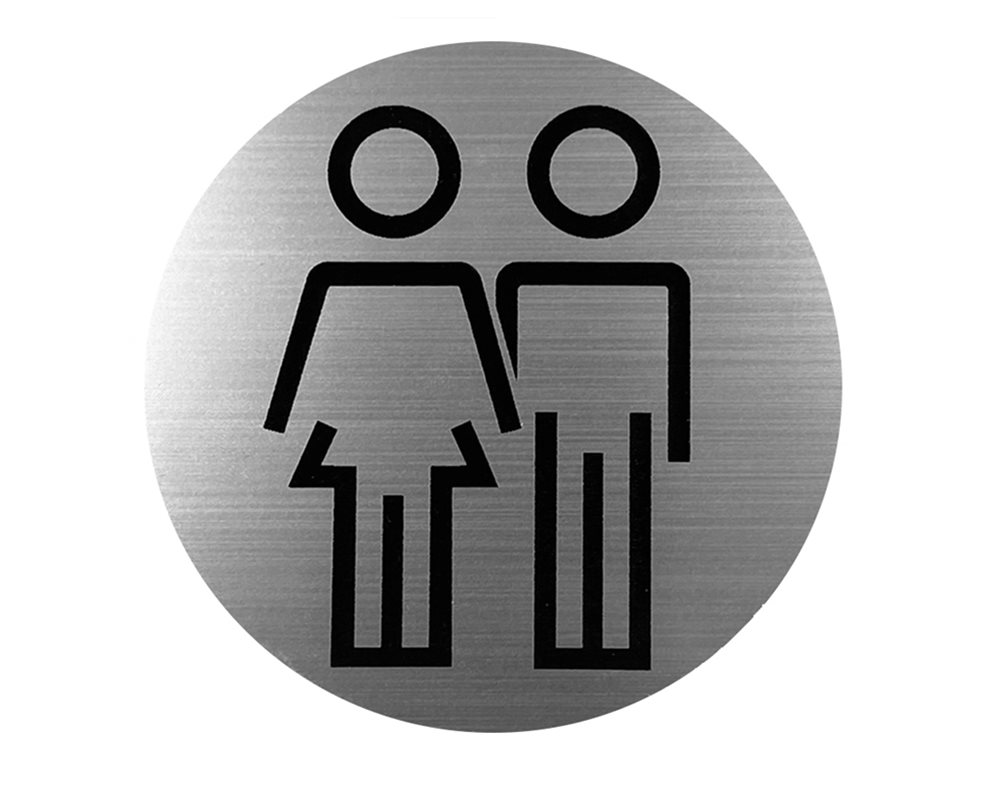 Brushed stainless steel WC door sign with black 'Unisex' figure logo