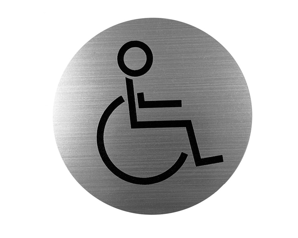 Brushed stainless steel WC door sign with black 'Disabled User' figure logo