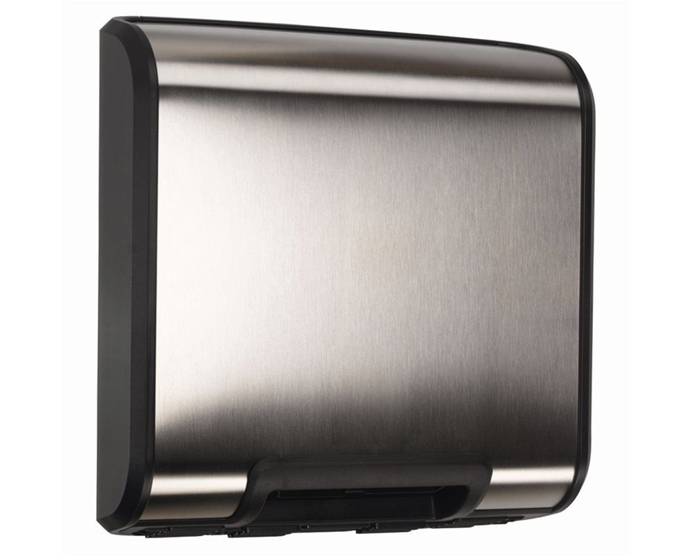 Slimline Warm Air Hand Dryer in Stainless Steel and Black on white background