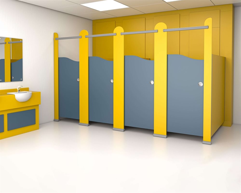 Kids Stuff cubicle with semi-recessed vanity unit with upstand in 'Colour Creations' digital printed doors and 'Mustard Yellow' colour pilasters