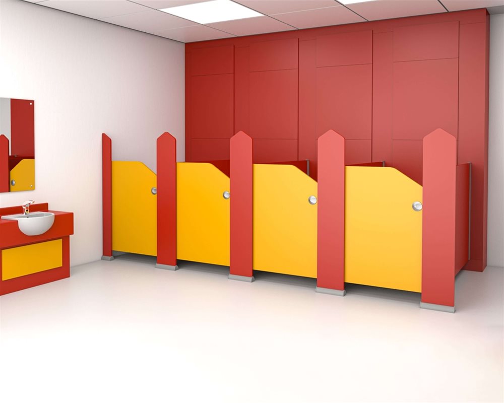 Tiny Stuff nursery cubicle and semi-recessed vanity unit with upstand with 'Hand Prints' digital printed doors and 'Bright Red' colour pilasters