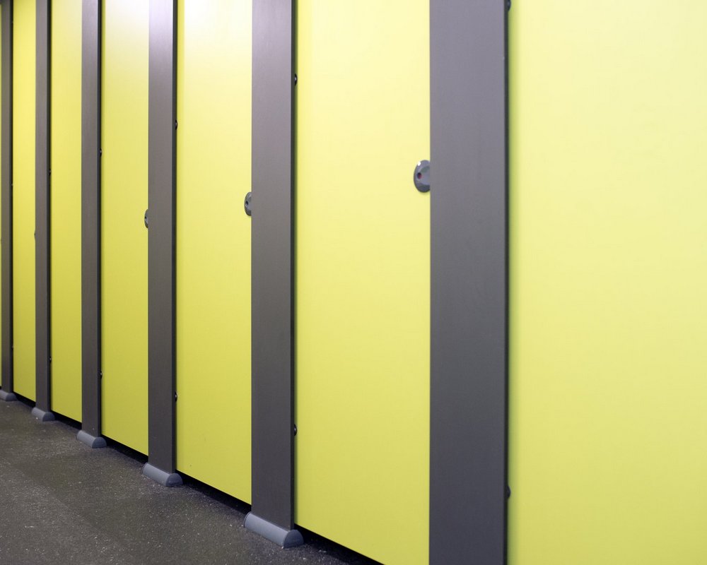 Ysgol Gyfun Ystalyfera HiZone full height washroom cubicles in grey 'Welsh Slate' and green 'Zest'