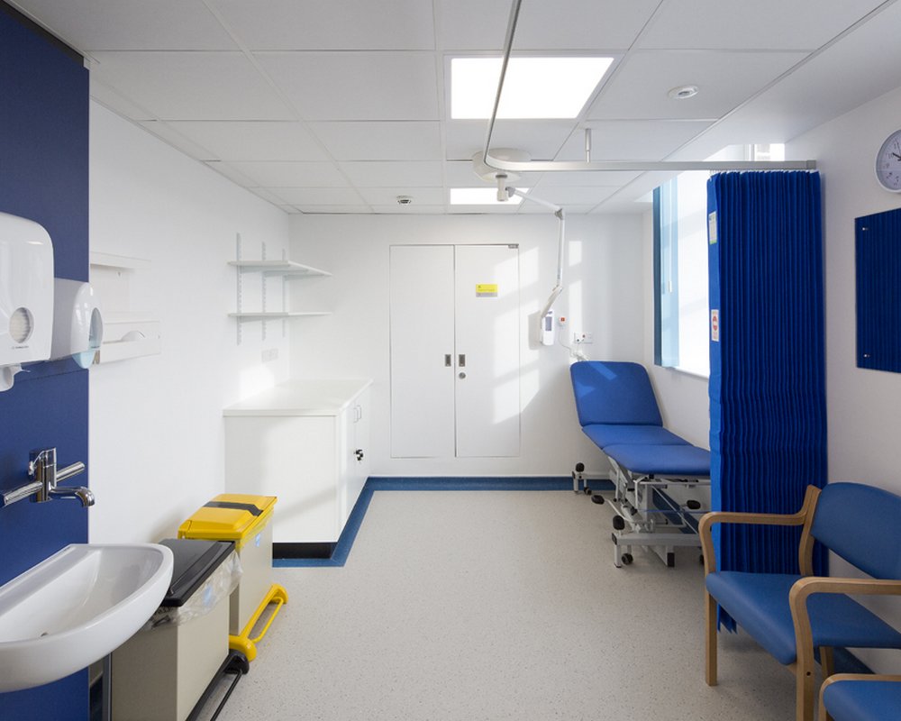 Acre Mills Hospital examination room with blue healthcare boxed out unit