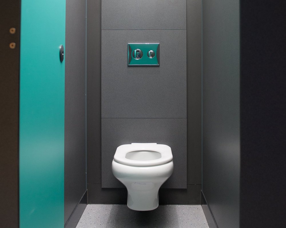 The Forest School Chartham Wall Hung WC inside grey 'Welsh Slate' toilet cubicle