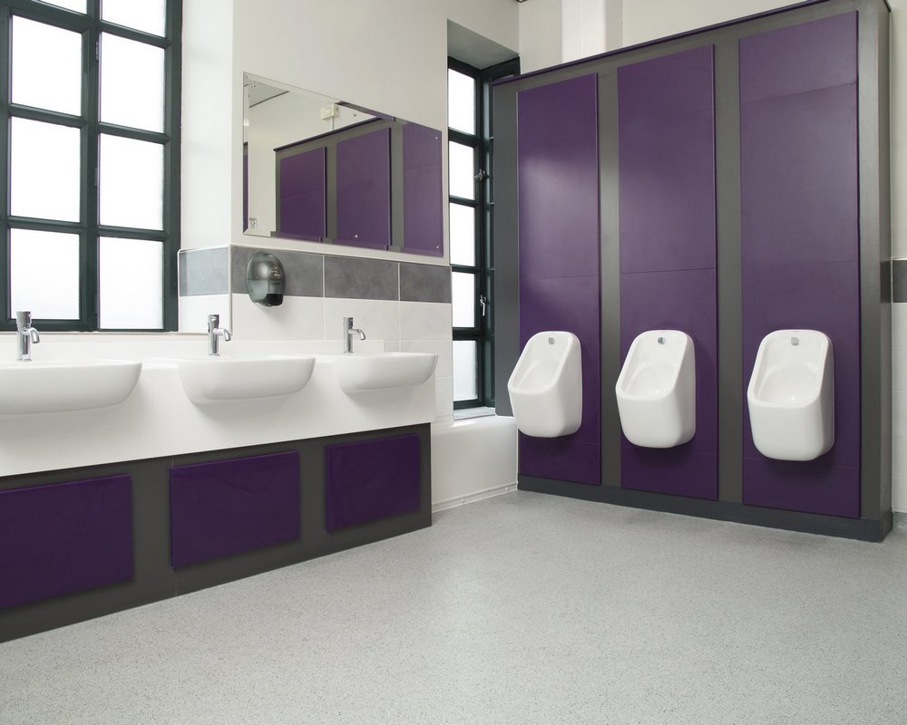 Huddersfield University male washrooms with semi-recessed vanity units and pre-plumbed urinals