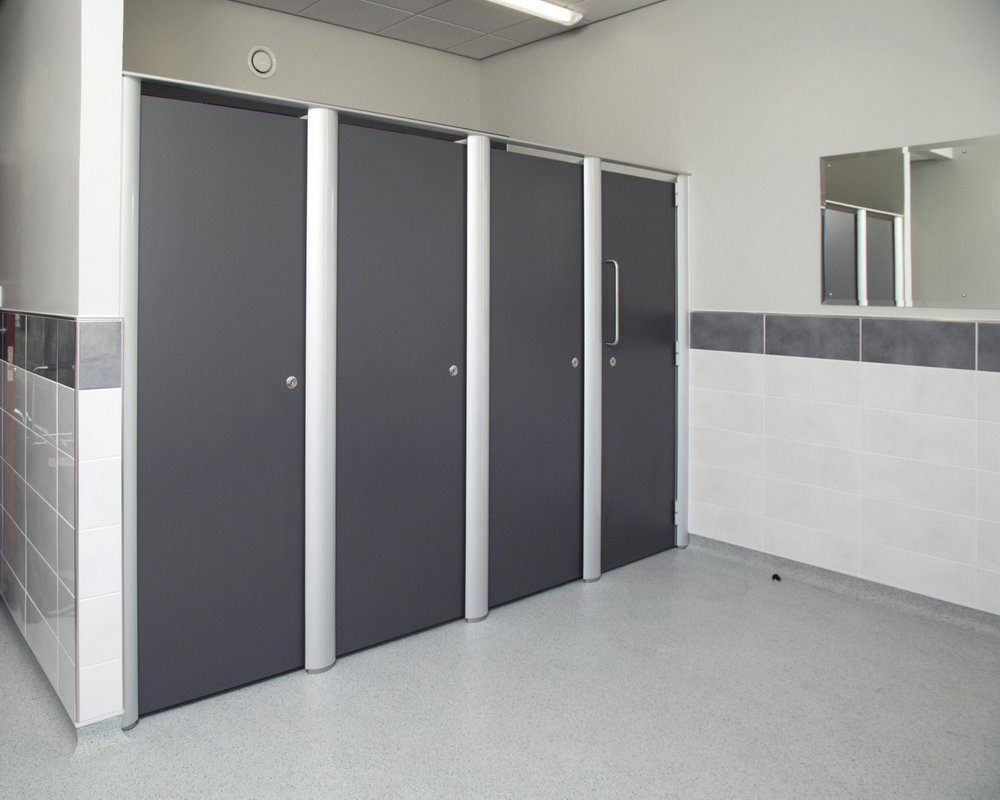 Huddersfield University washrooms with Aero Pearl toilet cubicles in grey 'Welsh Slate' finish