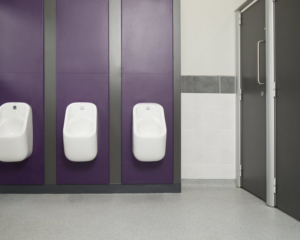Huddersfield University urinals pre-plumbed to purple IPS panels and grey 'Welsh Slate' flashgaps