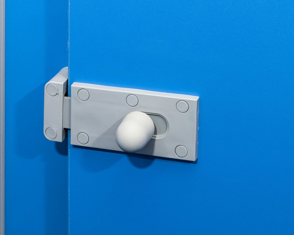 Cubicle lock on 'cobalt blue'  toilet cubicle door