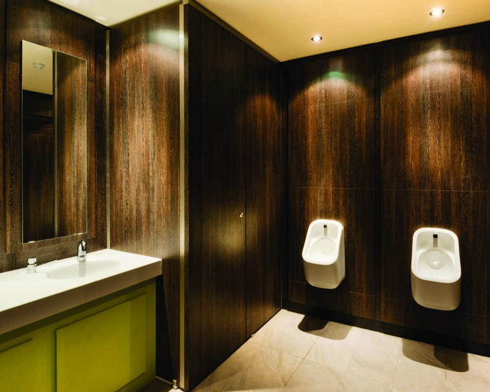 Definition Full Height HPL in 'American Walnut' with full height urinal ducts to match 