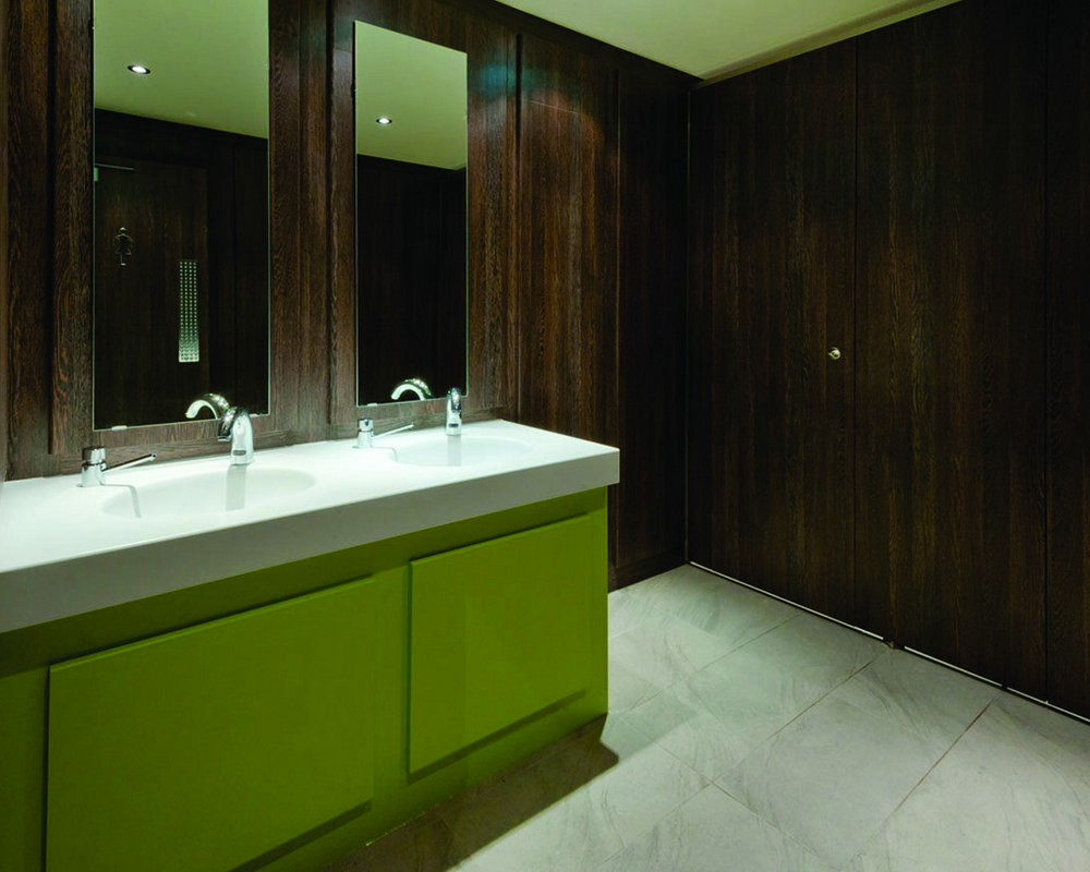 Solid surface counter top vanity and HPL under vanity panels in 'Zest'  Definition Cubicles and Ducting in 'American Walnut'