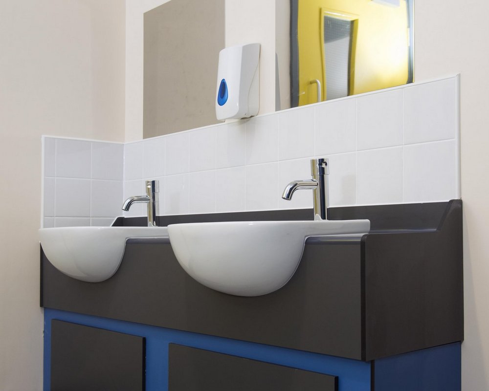 Primrose Hill semi-recessed vanity unit with basins and self closing mixer tap, soap dispenser