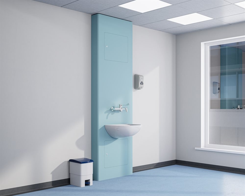 Trust System healthcare IPS Unit with HBN compliant healthcare sanitaryware including a wall hung clinical basin and thermostatic lever healthcare tap on 'pastel blue' panels. 